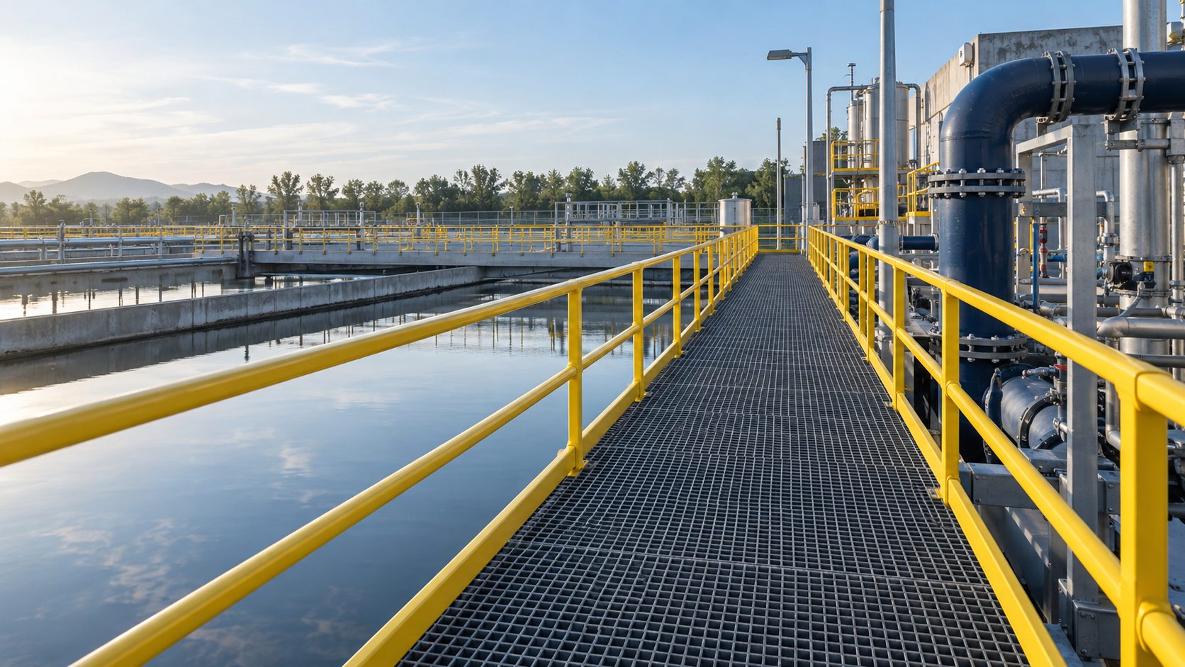 Pasarela industrial con rejilla FRP y barandales amarillos